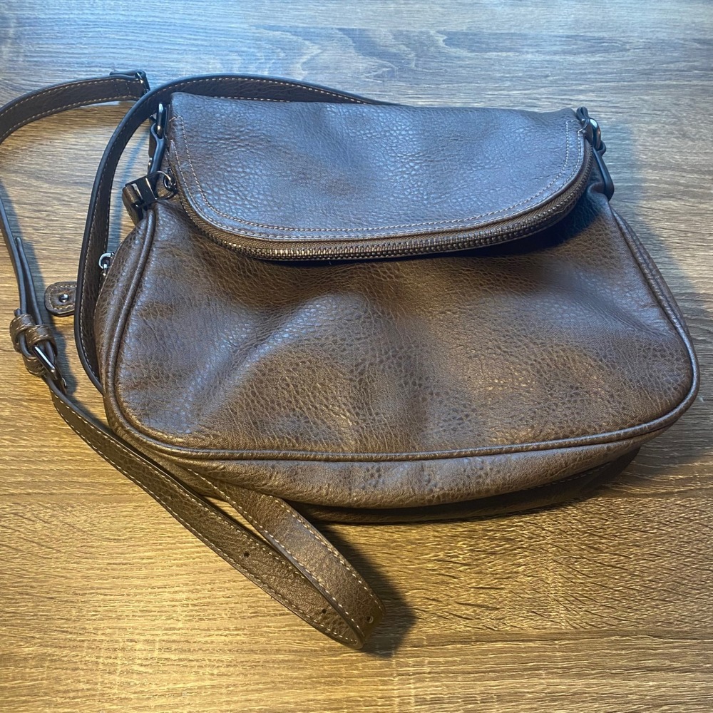 Moda Luxe Dark Brown Pebbled Vegan Leather Crossbody Bag Expandable Flap Zip